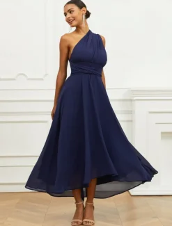 Outlet Women's Wedding Guest Cocktail Dress A Line Midi Chiffon Ruched Belted Elegant Formal One Shoulder Sleeveless Dress Color Women Chiffon Dresses