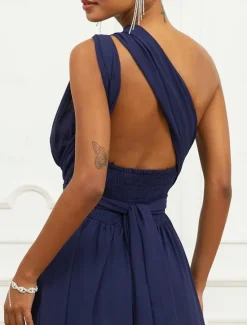 Outlet Women's Wedding Guest Cocktail Dress A Line Midi Chiffon Ruched Belted Elegant Formal One Shoulder Sleeveless Dress Color Women Chiffon Dresses