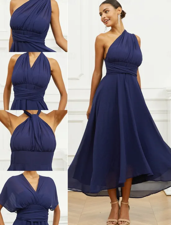 Outlet Women's Wedding Guest Cocktail Dress A Line Midi Chiffon Ruched Belted Elegant Formal One Shoulder Sleeveless Dress Color Women Chiffon Dresses