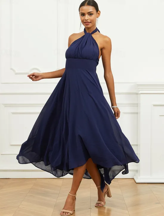 Outlet Women's Wedding Guest Cocktail Dress A Line Midi Chiffon Ruched Belted Elegant Formal One Shoulder Sleeveless Dress Color Women Chiffon Dresses