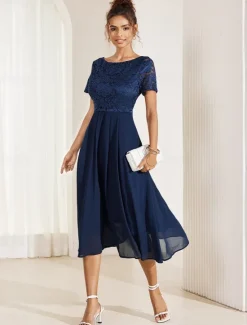 Discount Women's Wedding Guest Cocktail Dress Chiffon Contrast Lace Ruffle Hem Elegant Formal Midi A Line Dress Crew Neck Short Sleeve Color Women Cocktail Dress|Chiffon Dresses