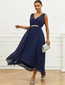 New Women's Wedding Guest Cocktail Dress A Line Maxi Chiffon Ruched Tiered Elegant V Neck Sleeveless dress Color Women Chiffon Dresses|Cocktail Dress