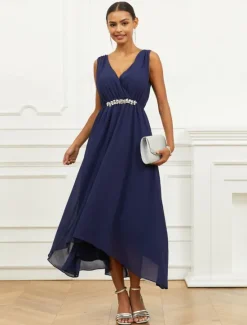 New Women's Wedding Guest Cocktail Dress A Line Maxi Chiffon Ruched Tiered Elegant V Neck Sleeveless dress Color Women Chiffon Dresses|Cocktail Dress
