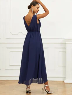 New Women's Wedding Guest Cocktail Dress A Line Maxi Chiffon Ruched Tiered Elegant V Neck Sleeveless dress Color Women Chiffon Dresses|Cocktail Dress