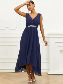 New Women's Wedding Guest Cocktail Dress A Line Maxi Chiffon Ruched Tiered Elegant V Neck Sleeveless dress Color Women Chiffon Dresses|Cocktail Dress