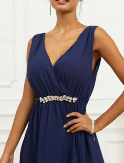 New Women's Wedding Guest Cocktail Dress A Line Maxi Chiffon Ruched Tiered Elegant V Neck Sleeveless dress Color Women Chiffon Dresses|Cocktail Dress