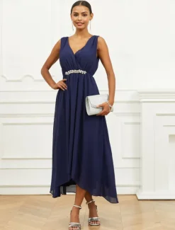 New Women's Wedding Guest Cocktail Dress A Line Maxi Chiffon Ruched Tiered Elegant V Neck Sleeveless dress Color Women Chiffon Dresses|Cocktail Dress
