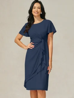 Discount Women's Wedding Guest Cocktail Dress Chiffon Twisted Knot Elegant Formal Layered Midi Dress Crew Neck Short Sleeve Butterfly Sleeve Color Women Cocktail Dress|Chiffon Dresses