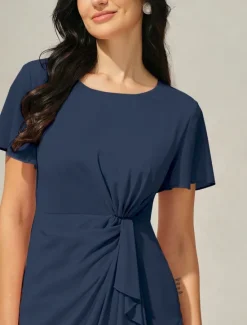 Discount Women's Wedding Guest Cocktail Dress Chiffon Twisted Knot Elegant Formal Layered Midi Dress Crew Neck Short Sleeve Butterfly Sleeve Color Women Cocktail Dress|Chiffon Dresses