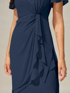Discount Women's Wedding Guest Cocktail Dress Chiffon Twisted Knot Elegant Formal Layered Midi Dress Crew Neck Short Sleeve Butterfly Sleeve Color Women Cocktail Dress|Chiffon Dresses