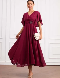 Online Women's Wedding Guest Cocktail Dress Wrap Dress Chiffon Ruffle V Neck Short Sleeve Maxi Dress Party Elegant Formal Summer Women Chiffon Dresses|Cocktail Dress