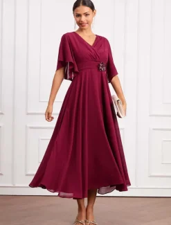 Online Women's Wedding Guest Cocktail Dress Wrap Dress Chiffon Ruffle V Neck Short Sleeve Maxi Dress Party Elegant Formal Summer Women Chiffon Dresses|Cocktail Dress