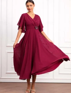 Online Women's Wedding Guest Cocktail Dress Wrap Dress Chiffon Ruffle V Neck Short Sleeve Maxi Dress Party Elegant Formal Summer Women Chiffon Dresses|Cocktail Dress