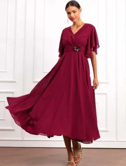 Online Women's Wedding Guest Cocktail Dress Wrap Dress Chiffon Ruffle V Neck Short Sleeve Maxi Dress Party Elegant Formal Summer Women Chiffon Dresses|Cocktail Dress