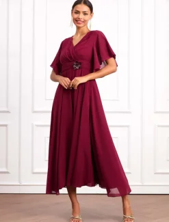 Online Women's Wedding Guest Cocktail Dress Wrap Dress Chiffon Ruffle V Neck Short Sleeve Maxi Dress Party Elegant Formal Summer Women Chiffon Dresses|Cocktail Dress