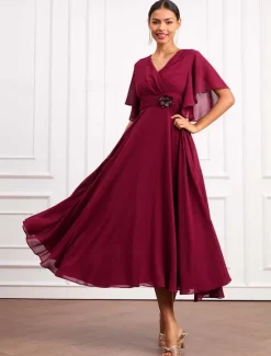 Online Women's Wedding Guest Cocktail Dress Wrap Dress Chiffon Ruffle V Neck Short Sleeve Maxi Dress Party Elegant Formal Summer Women Chiffon Dresses|Cocktail Dress