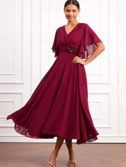 Online Women's Wedding Guest Cocktail Dress Wrap Dress Chiffon Ruffle V Neck Short Sleeve Maxi Dress Party Elegant Formal Summer Women Chiffon Dresses|Cocktail Dress