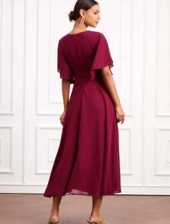 Online Women's Wedding Guest Cocktail Dress Wrap Dress Chiffon Ruffle V Neck Short Sleeve Maxi Dress Party Elegant Formal Summer Women Chiffon Dresses|Cocktail Dress