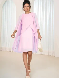 Clearance Women's Wedding Guest Cocktail Dress Chiffon Tiered Elegant Formal Layered Midi Dress Crew Neck Long Sleeve Pink Green Color Women Chiffon Dresses