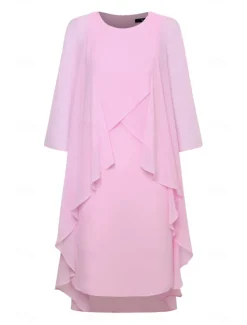 Clearance Women's Wedding Guest Cocktail Dress Chiffon Tiered Elegant Formal Layered Midi Dress Crew Neck Long Sleeve Pink Green Color Women Chiffon Dresses