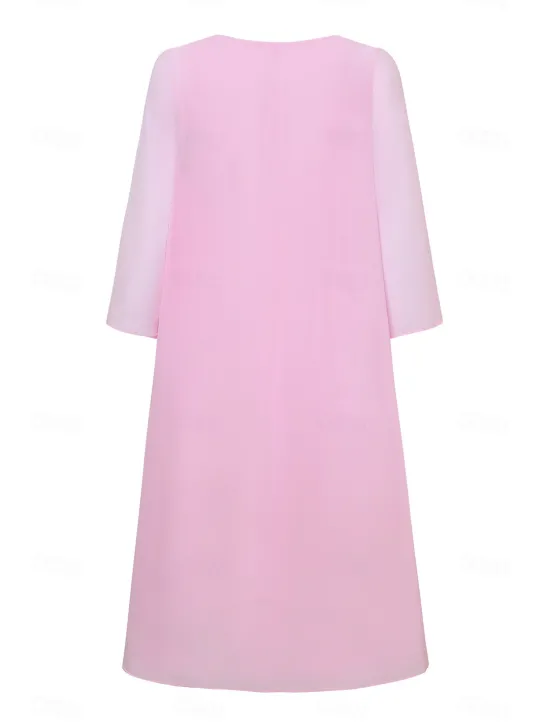 Clearance Women's Wedding Guest Cocktail Dress Chiffon Tiered Elegant Formal Layered Midi Dress Crew Neck Long Sleeve Pink Green Color Women Chiffon Dresses