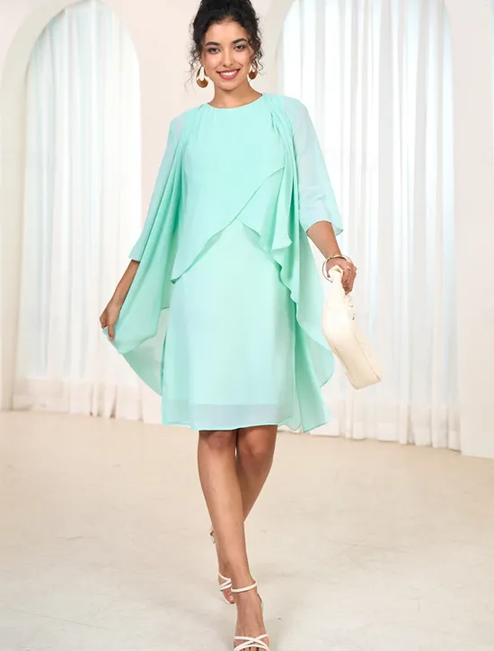 Clearance Women's Wedding Guest Cocktail Dress Chiffon Tiered Elegant Formal Layered Midi Dress Crew Neck Long Sleeve Pink Green Color Women Chiffon Dresses