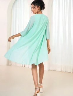 Clearance Women's Wedding Guest Cocktail Dress Chiffon Tiered Elegant Formal Layered Midi Dress Crew Neck Long Sleeve Pink Green Color Women Chiffon Dresses