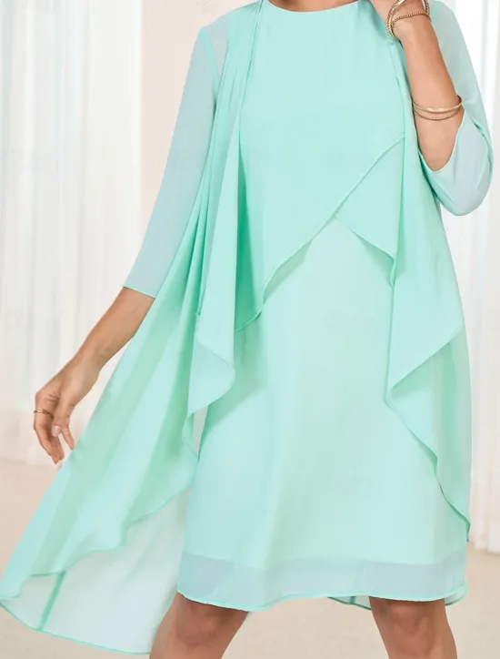 Clearance Women's Wedding Guest Cocktail Dress Chiffon Tiered Elegant Formal Layered Midi Dress Crew Neck Long Sleeve Pink Green Color Women Chiffon Dresses