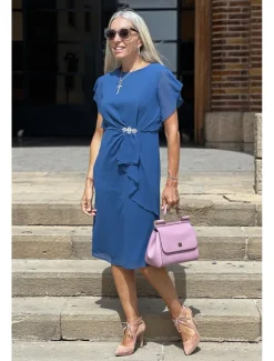 Online Women's Wedding Guest Cocktail Party Dress Midi Chiffon Dress Wine Green Short Sleeve Solid Color Ruffle Crew Neck Evening Summer Spring Fall Women Chiffon Dresses|Work Dresses