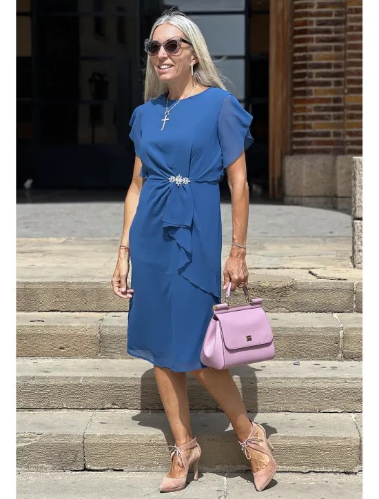 Online Women's Wedding Guest Cocktail Party Dress Midi Chiffon Dress Wine Green Short Sleeve Solid Color Ruffle Crew Neck Evening Summer Spring Fall Women Chiffon Dresses|Work Dresses