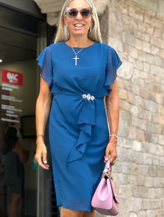 Online Women's Wedding Guest Cocktail Party Dress Midi Chiffon Dress Wine Green Short Sleeve Solid Color Ruffle Crew Neck Evening Summer Spring Fall Women Chiffon Dresses|Work Dresses