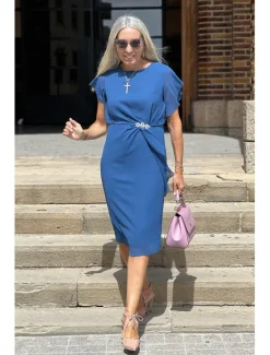 Online Women's Wedding Guest Cocktail Party Dress Midi Chiffon Dress Wine Green Short Sleeve Solid Color Ruffle Crew Neck Evening Summer Spring Fall Women Chiffon Dresses|Work Dresses