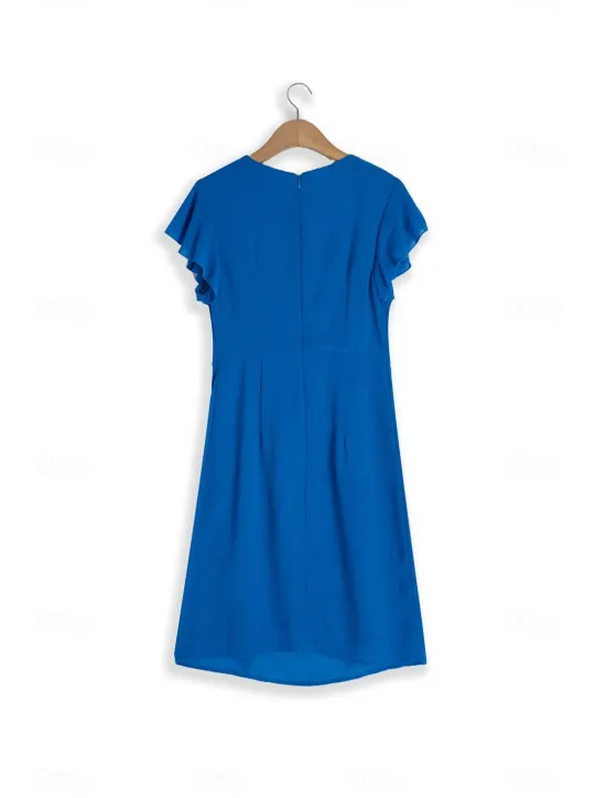 Online Women's Wedding Guest Cocktail Party Dress Midi Chiffon Dress Wine Green Short Sleeve Solid Color Ruffle Crew Neck Evening Summer Spring Fall Women Chiffon Dresses|Work Dresses