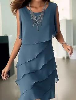 Online Women's Wedding Guest Cocktail Dress Elegant Chiffon Party Dress Midi Dress Sleeveless Pure Color Ruffle Summer Spring Fall Crew Neck Fashion Summer Dress Women Chiffon Dresses|Casual Dress