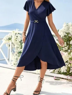 Women's Wedding Guest Cocktail Dress Chiffon Pleated Ruffle Elegant Midi Dress Crew Neck Sleeveless Color Women Chiffon Dresses|Cocktail Dress