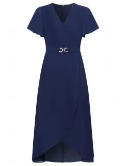 Women's Wedding Guest Cocktail Dress Chiffon Pleated Ruffle Elegant Midi Dress Crew Neck Sleeveless Color Women Chiffon Dresses|Cocktail Dress