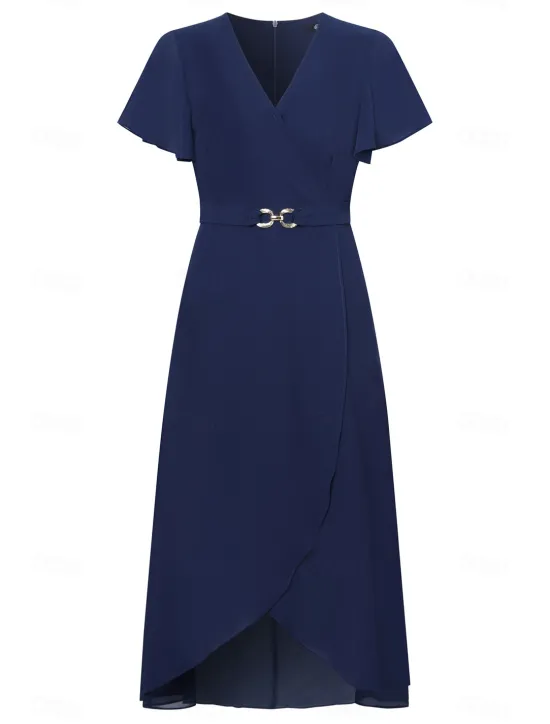 Women's Wedding Guest Cocktail Dress Chiffon Pleated Ruffle Elegant Midi Dress Crew Neck Sleeveless Color Women Chiffon Dresses|Cocktail Dress