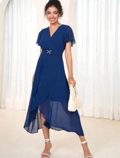 Women's Wedding Guest Cocktail Dress Chiffon Pleated Ruffle Elegant Midi Dress Crew Neck Sleeveless Color Women Chiffon Dresses|Cocktail Dress