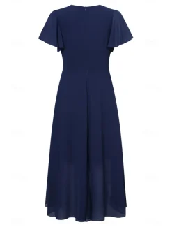 Women's Wedding Guest Cocktail Dress Chiffon Pleated Ruffle Elegant Midi Dress Crew Neck Sleeveless Color Women Chiffon Dresses|Cocktail Dress