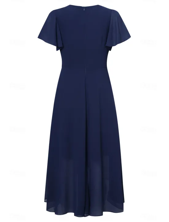 Women's Wedding Guest Cocktail Dress Chiffon Pleated Ruffle Elegant Midi Dress Crew Neck Sleeveless Color Women Chiffon Dresses|Cocktail Dress