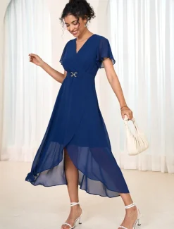 Women's Wedding Guest Cocktail Dress Chiffon Pleated Ruffle Elegant Midi Dress Crew Neck Sleeveless Color Women Chiffon Dresses|Cocktail Dress