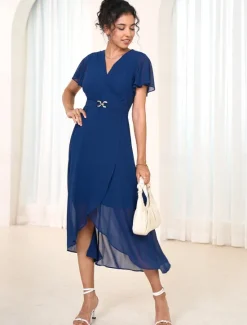Women's Wedding Guest Cocktail Dress Chiffon Pleated Ruffle Elegant Midi Dress Crew Neck Sleeveless Color Women Chiffon Dresses|Cocktail Dress