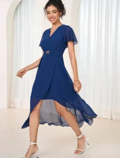 Women's Wedding Guest Cocktail Dress Chiffon Pleated Ruffle Elegant Midi Dress Crew Neck Sleeveless Color Women Chiffon Dresses|Cocktail Dress