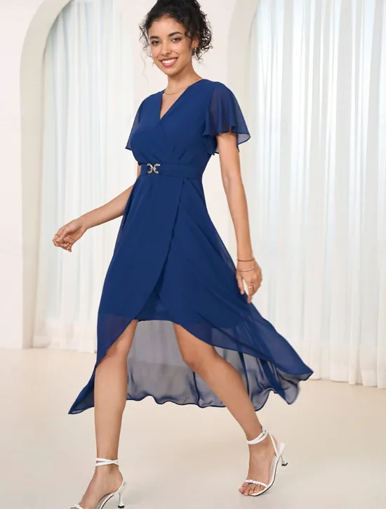 Women's Wedding Guest Cocktail Dress Chiffon Pleated Ruffle Elegant Midi Dress Crew Neck Sleeveless Color Women Chiffon Dresses|Cocktail Dress