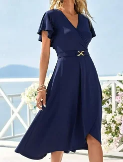 Women's Wedding Guest Cocktail Dress Chiffon Pleated Ruffle Elegant Midi Dress Crew Neck Sleeveless Color Women Chiffon Dresses|Cocktail Dress