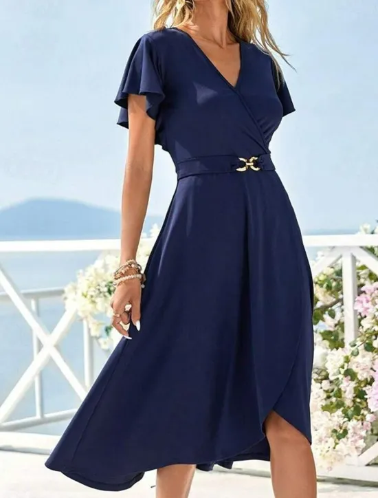 Women's Wedding Guest Cocktail Dress Chiffon Pleated Ruffle Elegant Midi Dress Crew Neck Sleeveless Color Women Chiffon Dresses|Cocktail Dress