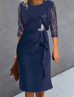 Women's Wedding Guest Cocktail Dress Set Chiffon Lace Patchwork Elegant Spring Fall Midi Dress Crew Neck 3/4 Length Sleeve Women Chiffon Dresses