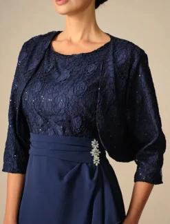 Women's Wedding Guest Cocktail Dress Set Chiffon Lace Patchwork Elegant Spring Fall Midi Dress Crew Neck 3/4 Length Sleeve Women Chiffon Dresses