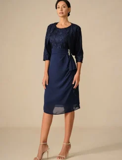 Women's Wedding Guest Cocktail Dress Set Chiffon Lace Patchwork Elegant Spring Fall Midi Dress Crew Neck 3/4 Length Sleeve Women Chiffon Dresses