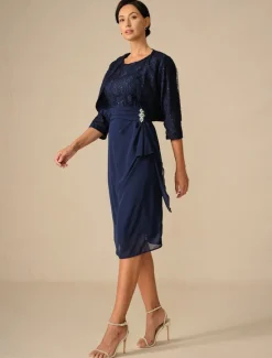 Women's Wedding Guest Cocktail Dress Set Chiffon Lace Patchwork Elegant Spring Fall Midi Dress Crew Neck 3/4 Length Sleeve Women Chiffon Dresses